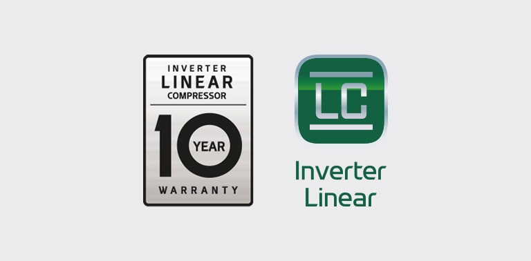 The 10 Year Warranty for the Inverter Linear Compressor logo is next to the Inverter Linear logo.
