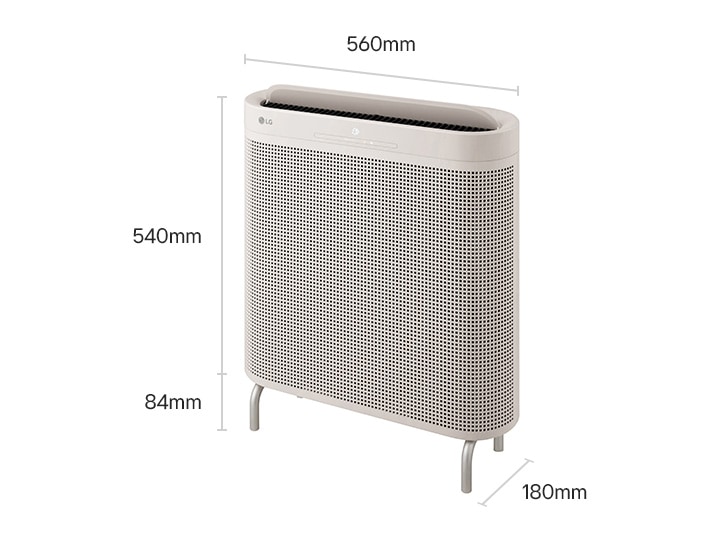 The calming beige LG WallFit air purifier with dimensions: 560mm width, 540mm body height, 84mm leg height, and 180mm depth.