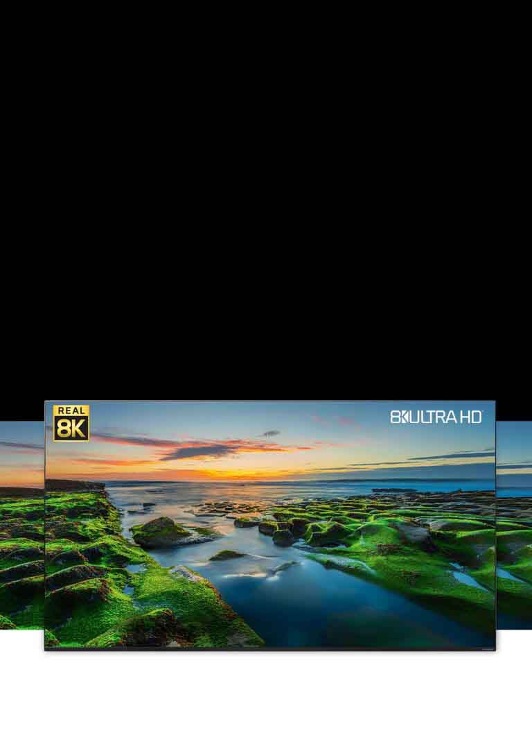 TV screen showing the wide view of nature with Real 8K and CTA logos