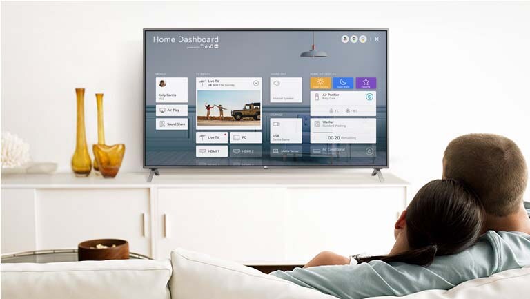 A men and women sitting on a sofa in the living room with the Home Dashboard on the TV screen.
