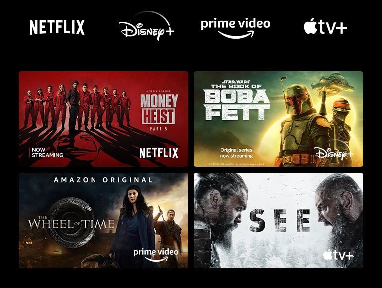 A poster of Money Heist from Netflix, The Book of Boba Fett from Disney Plus, The Wheel of Time from Prime Video, and See from Apple TV Plus.