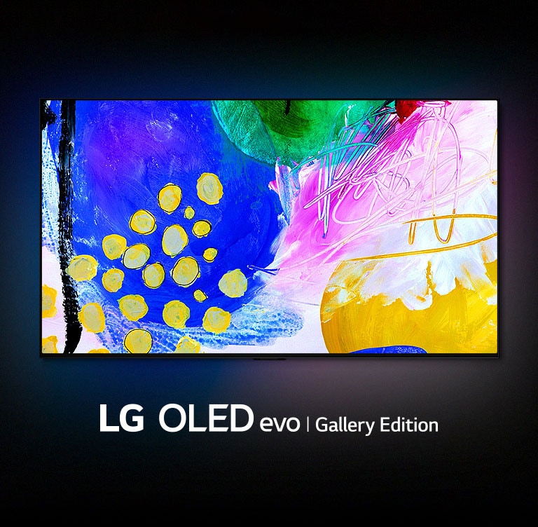 An LG OLED G2 is in a dark room with a colorful abstract artwork of shapes on its display and the words "LG OLED evo Gallery Edition" underneath.