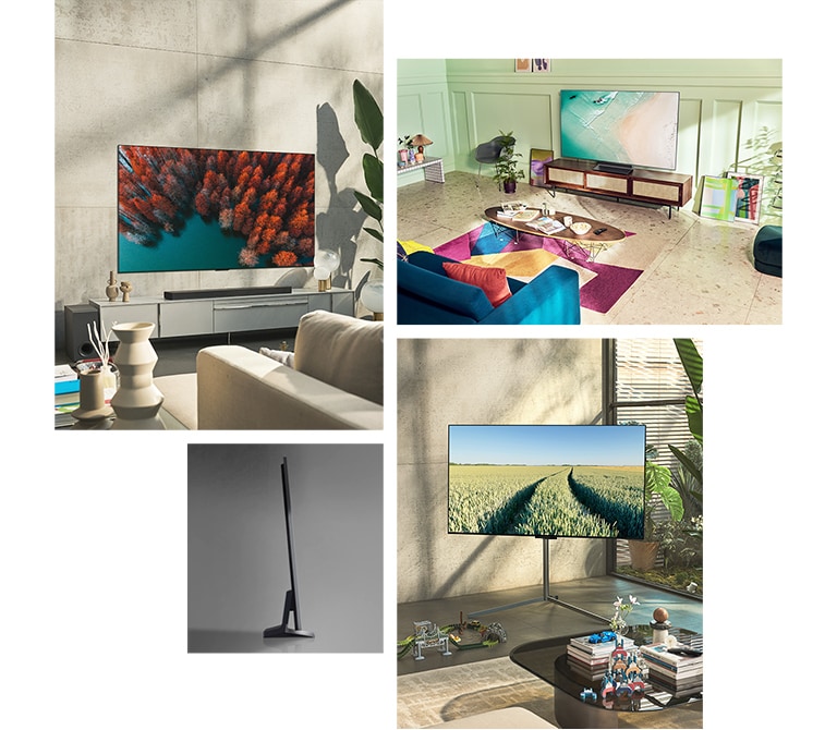 An LG OLED G2 is hung on the wall in a neutral-colored living room with plants and rustic ornaments. An LG OLED G2 sits on a TV stand in a mint green room with colorful art and furnishings. An LG OLED G2 with Gallery Stand is in the corner of a room in a family home.  A side view of the ultra-slim edge of LG OLED G2.