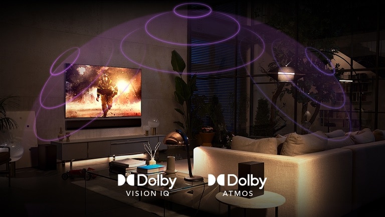 An image of an LG OLED TV in a dimly lit room showing a sci-fi movie. Soundwaves create a dome around the sofa and TV, depicting the immersion of Dolby Atmos and Dolby Vision.