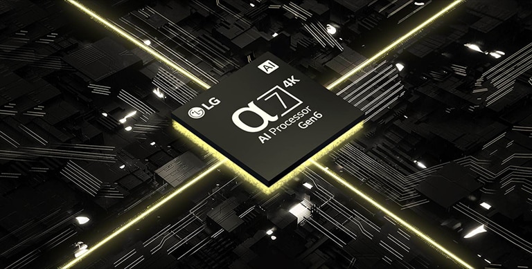 A video of the α7 AI Processor 4K Gen6 against a circuit board. The board illuminates, and yellow lights emit from the chip representing its power.