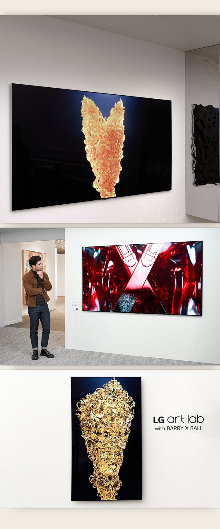 The top image shows an LG OLED in a white room with a picture of a gold sculpture playing on the screen. At its side is a physical silver sculpture with a unique textured pattern reflecting what's playing on the TV. The bottom right image shows an LG OLED on a wall at a vertical alignment shows a gold sculpture resembling a person. The phrase "LG art lab with Barry X Ball" is overlayed on the image on the right-hand side of the TV. The bottom left images shows a man in an art gallery looking at a red and black digital artwork of a sculpture on an LG OLED.