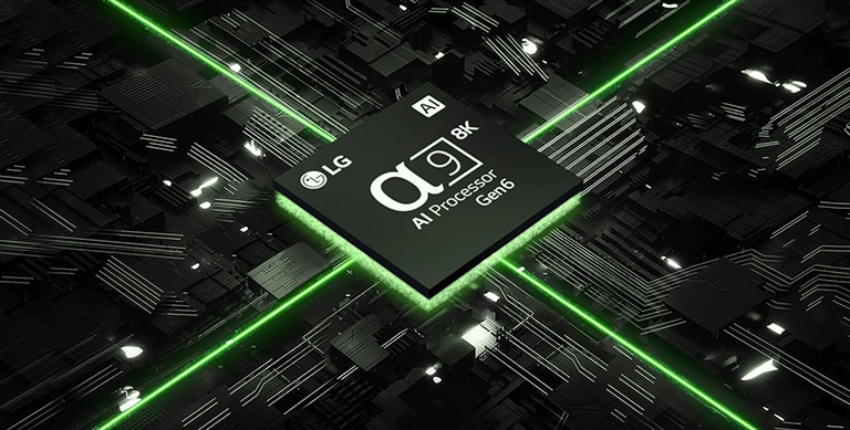A video of the α9 AI Processor 8K Gen6 against a circuit board. The board illuminates, and green lights emit from the chip representing its power.