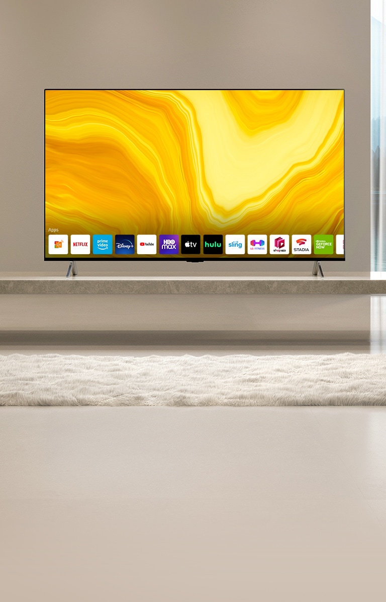There shows a list of graphic UIs of LG QNED home screen scrolling down. Scene changes to show TV placed in yellow living room.