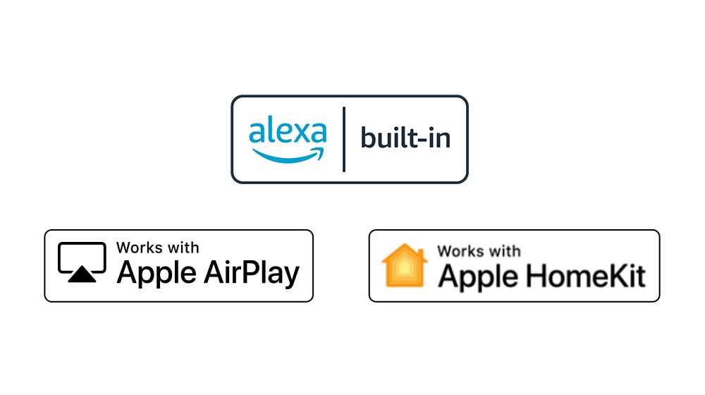 There are four logos displaced in order – alexa built-in, Works with Apple AirPlay, Works with Apple HomeKit.