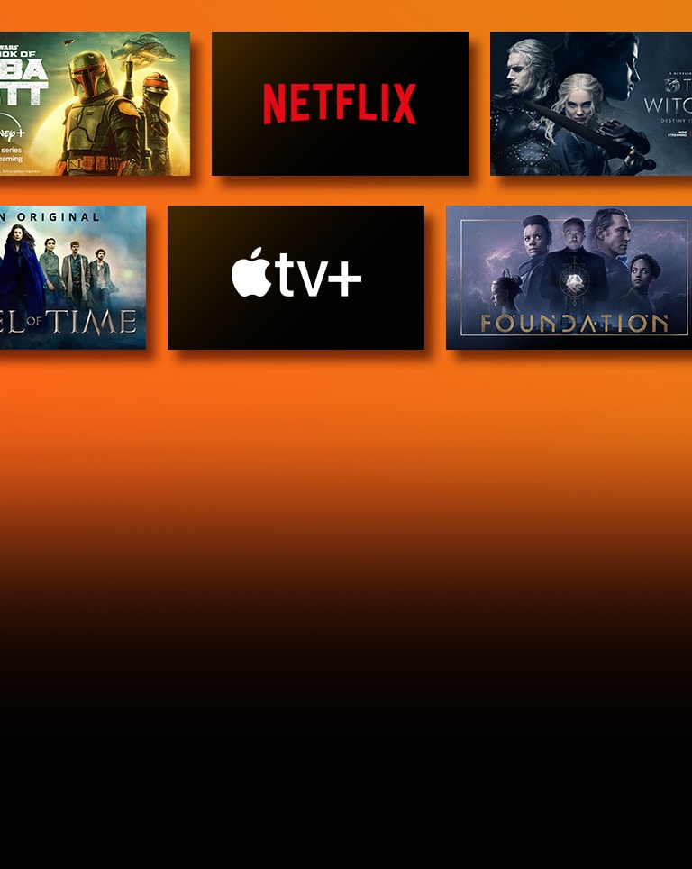 There are logos of streaming service platforms and matching footages right next to each logo. Netflix logo and money heist and the Witcher. Disney logo and Boba Fett. Prime Video logo and Without Remorse and The Wheel of Time. Livenow logo and mamamoo teaser image and OneUs teaser image. Apple TV plus logo and Foundation and Finch.