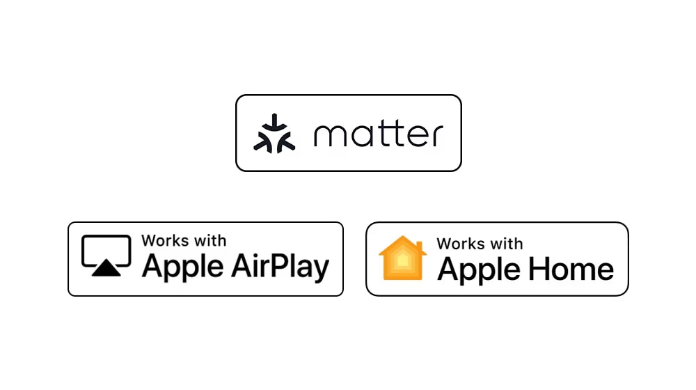 The logo of matter The logo of works with Apple AirPlay The logo of works with Apple Home