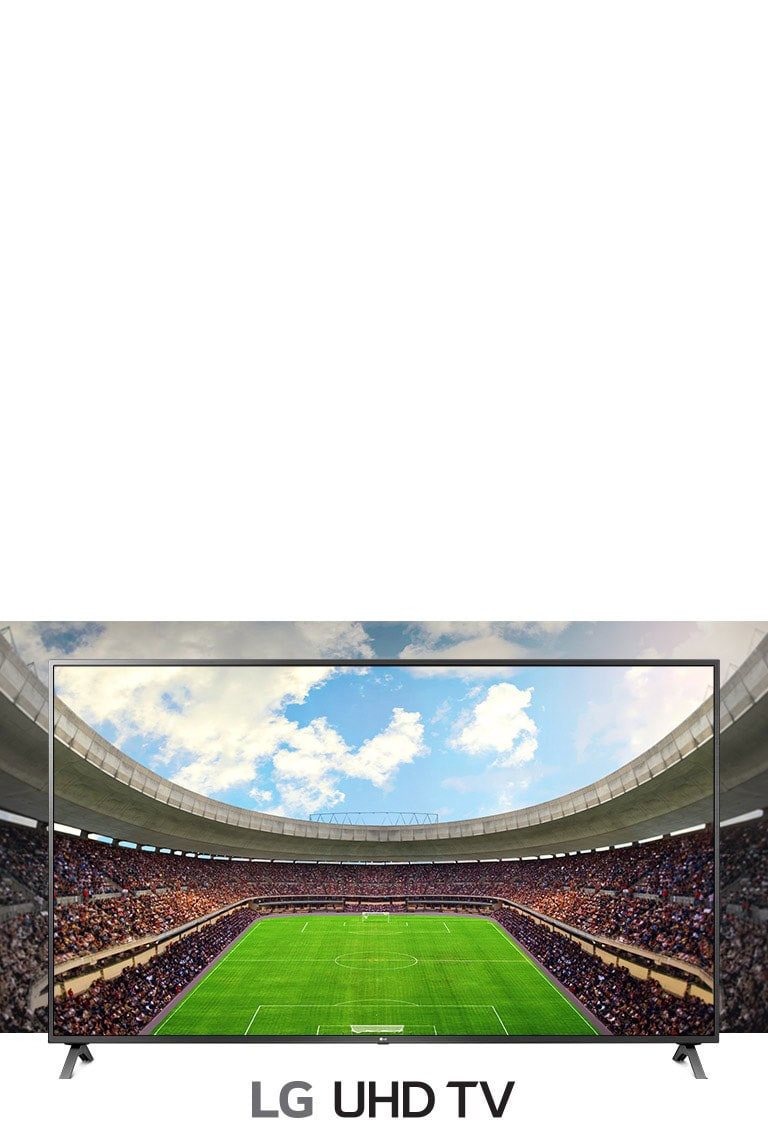 A panoramic view of the soccer stadium filled with spectators shown inside a TV frame.