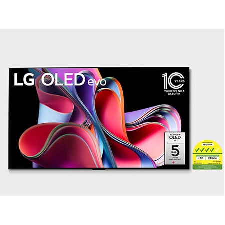 Front view with LG OLED evo, 10 Years World No.1 OLED Emblem, and 5-Year Panel Warranty logo on screen