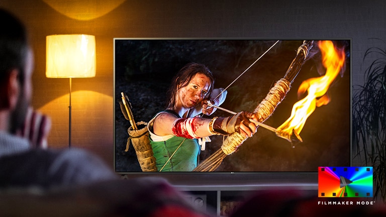 A scene of a fantasy movie on a TV screen and filmmaker mode logo