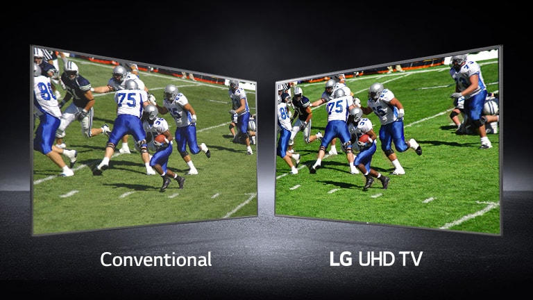 A picture of players playing on a football field shown at views. One shown on a conventional screen and one on an UHD TV.