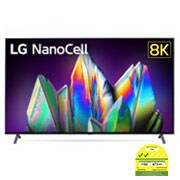 LG NANO99 75” NanoCell 8K TV, front view with infill image and logo, 75NANO99TNA