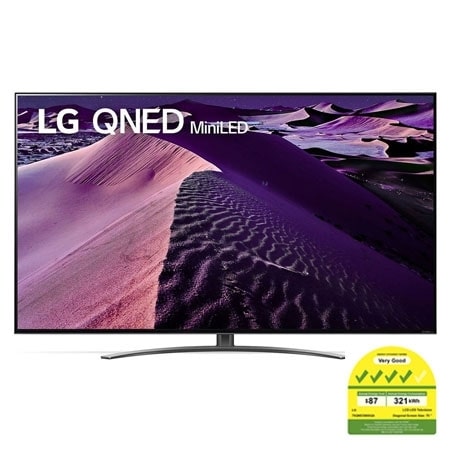 A front view of the LG QNED TV with infill image and product logo on