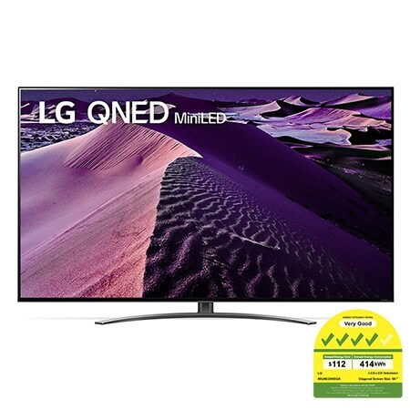 A front view of the LG QNED TV with infill image and product logo on