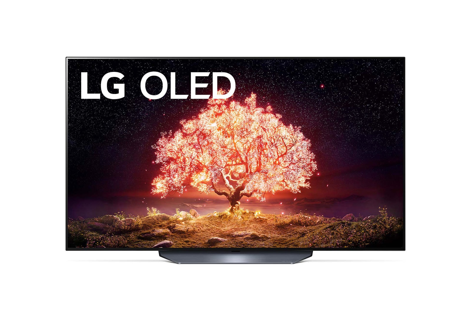 front viewFront view of LG B1 55" OLED 4K TV with self-lit pixels; orange-red glowing tree infill, OLED55B1PTA