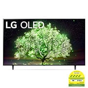 Front view of LG A1 65" OLED 4K TV with self-lit pixels; glowing green tree infill, OLED65A1PTA
