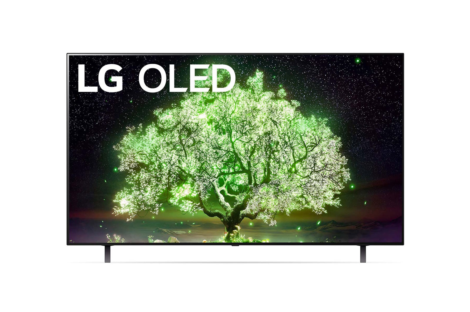 Front view of LG A1 65" OLED 4K TV with self-lit pixels; glowing green tree infill, OLED65A1PTA