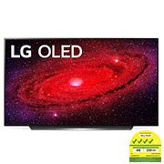 Front view of LG CX 65" OLED 4K TV with self-lit OLED; red galaxy image infill, OLED65CXPTA