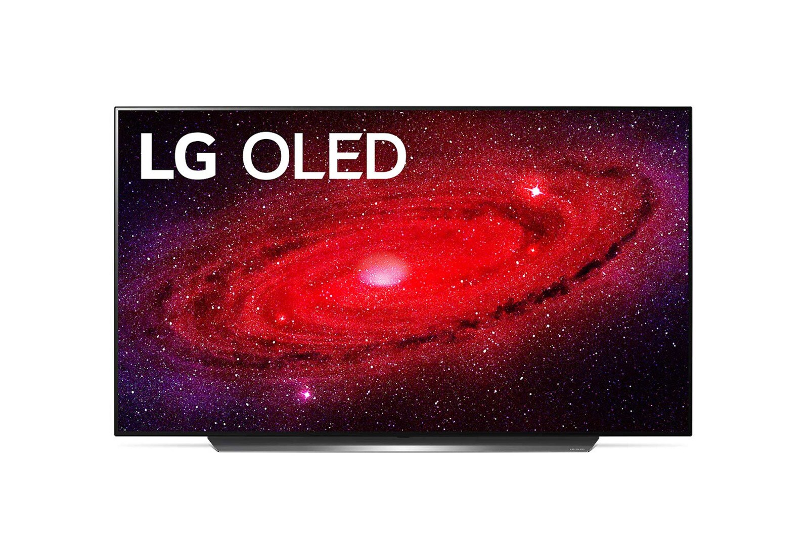Front view of LG CX 65" OLED 4K TV with self-lit OLED; red galaxy image infill, OLED65CXPTA