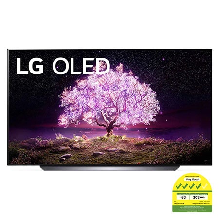 Front view of LG C1 77" OLED 4K TV with self-lit pixels; glowing pink tree infill, OLED77C1PTB