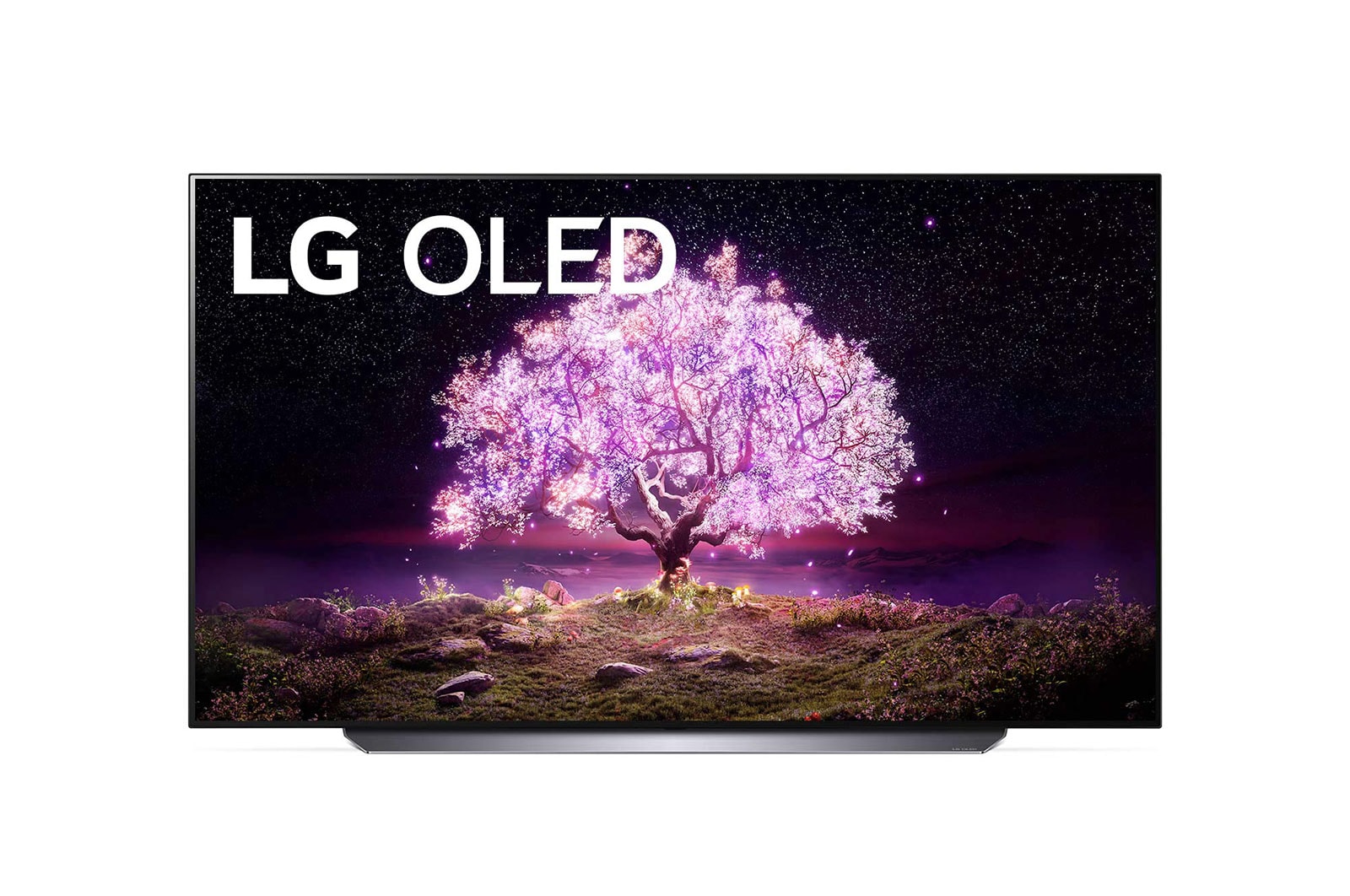 Front view of LG C1 77" OLED 4K TV with self-lit pixels; glowing pink tree infill, OLED77C1PTB