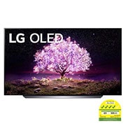 Front view of LG C1 77" OLED 4K TV with self-lit pixels; glowing pink tree infill, OLED77C1PTB