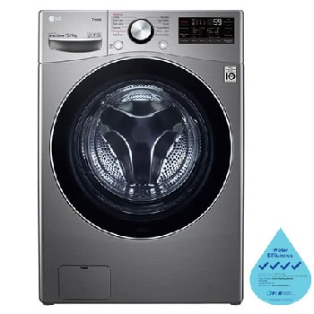 Front view of LG AI Direct Drive Front Load Washer Dryer with Turbo Wash, 15/8KG, in stone silver, F2515RTGV