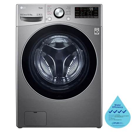 Front view of LG AI Direct Drive Front Load Washer Dryer with Turbo Wash, 15/8KG, in stone silver, F2515RTGV