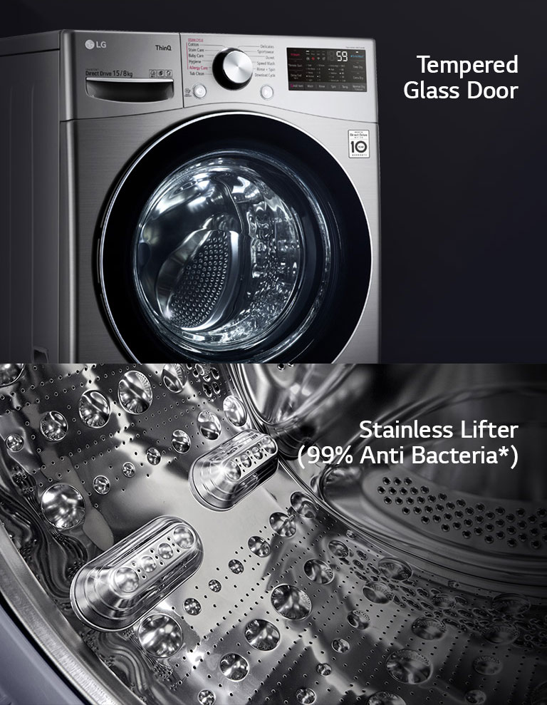 One image shows the front of the washing machine front load washer bringing focus to the tempered glass door. Second image shows the interior of the drum with focus on the stainless steel design.