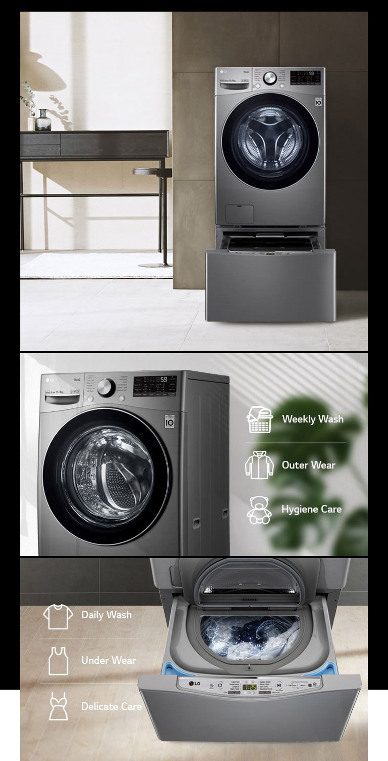 A collage of images showcasing the TWINWash Mini Compatible washer in a modern style home. Images show the front of the washer with door closed and two images show the bottom drawer open.