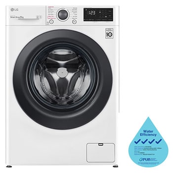 front viewFront view of LG Slim AI Direct Drive Front Load Washing Machine with 8KG capacity, in white, FV1208S5W