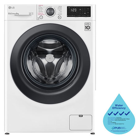 front viewFront view of LG Slim AI Direct Drive Front Load Washing Machine with 8KG capacity, in white, FV1208S5W