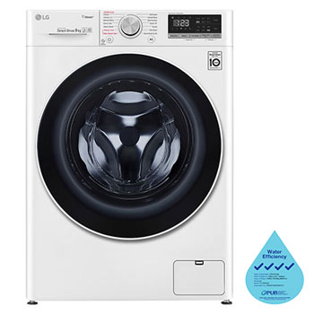 Front view of LG Slim AI Direct Drive Front Load Washing Machine with 8.5KG capacity, in white, FV1285S4W