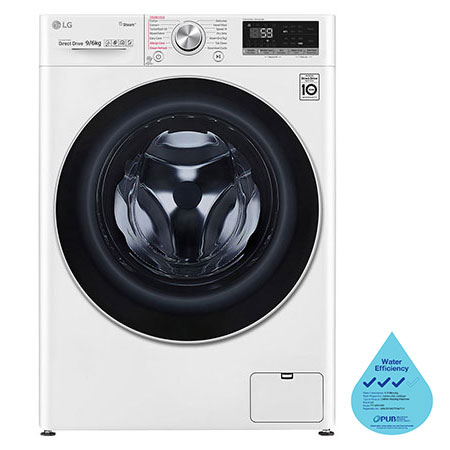 Front view of LG AI Direct Drive Front Load Washer Dryer with Turbo Wash, 9/6KG, in white, FV1409H3W