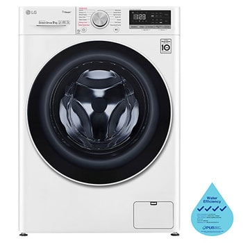 Front view of LG 6 Motion AI Direct Drive Front Load Washing Machine with 9KG capacity, in white, FV1409S4W