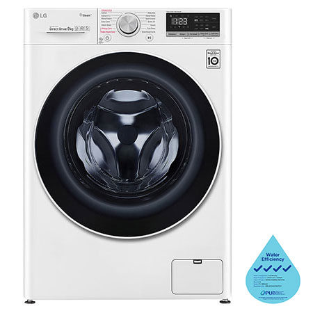 Front view of LG 6 Motion AI Direct Drive Front Load Washing Machine with 9KG capacity, in white, FV1409S4W