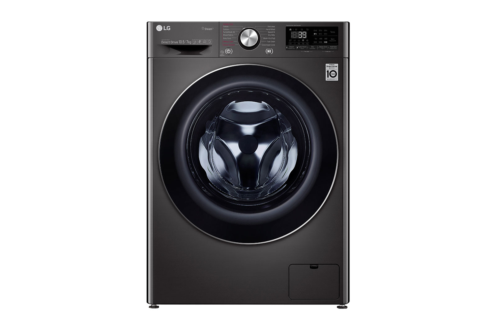 Front view of LG AI Direct Drive Front Load Washer Dryer with Turbo Wash, 10.5/7KG, in premium black, FV1450H2K