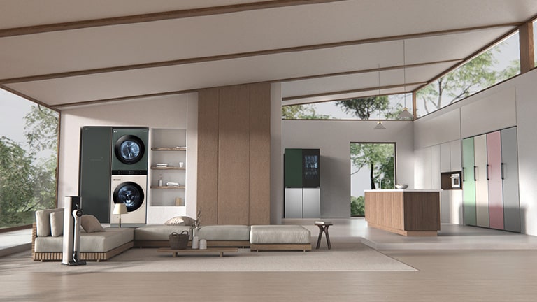 It shows the LG object collection products placed in the living room- styler, refrigerator, wash tower, etc.