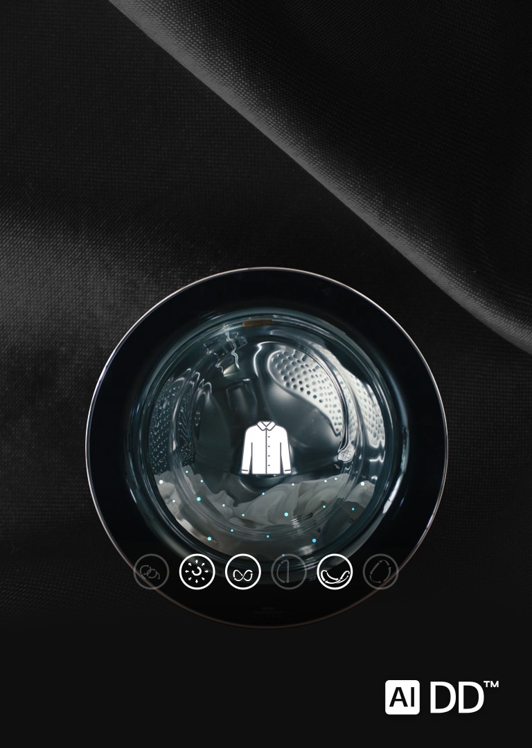 In the video, there is only the door of the front loader washing machine, and each icon related to the washing pattern changes for intelligent fabric care as the washing machine with the laundry progresses. The AI DD™ logo is shown in bottom right corner of the video.