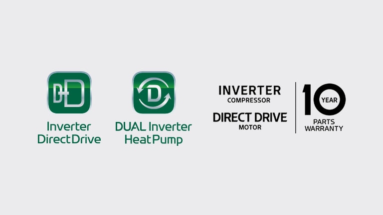 There is an Inverter Direct Drive logo and a 10-year warranty logo.