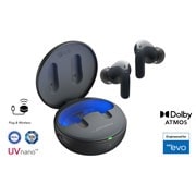 While the earbuds are in the air, light is emitted from the case, opening the cradle's lid. Plug and Wireless appear on the left, UVnano and Dolby Atmos logos on the right.