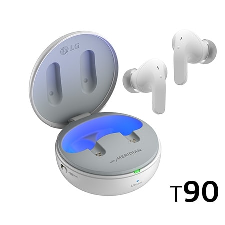 While the earbuds are in the air, light is emitted from the case, opening the cradle's lid. Plug and Wireless appear on the left, UVnano and Dolby Atmos logos on the right.