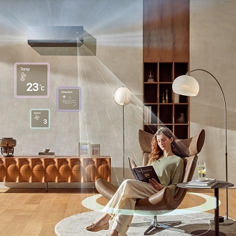 Woman relaxing in a smart living room while the LG DUALCOOL AI air conditioner automatically adjusts temperature, airflow, and humidity — its radar sensor detecting her position to deliver personalized indirect cooling.
