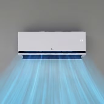 A wall-mounted air conditioner blowing a wide, powerful stream of cool air downward.