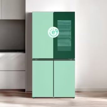 LG four-door refrigerator displayed with a green efficiency graphic to represent energy-saving technology and performance.