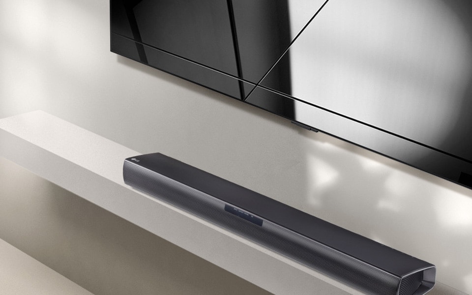 A close up illustration of a black LG sound bar and TV